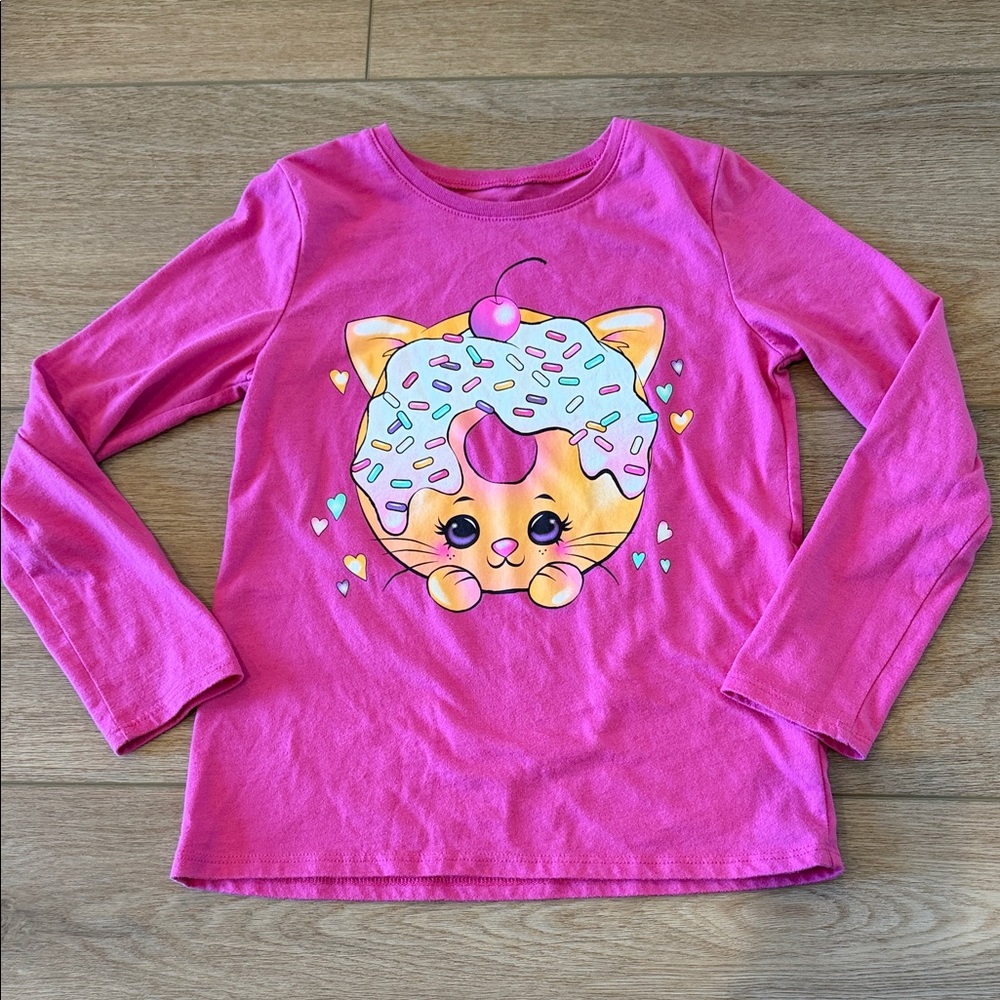 The Children's Place Vibrant Pink Long Sleeve Tee with Cat Donut Design